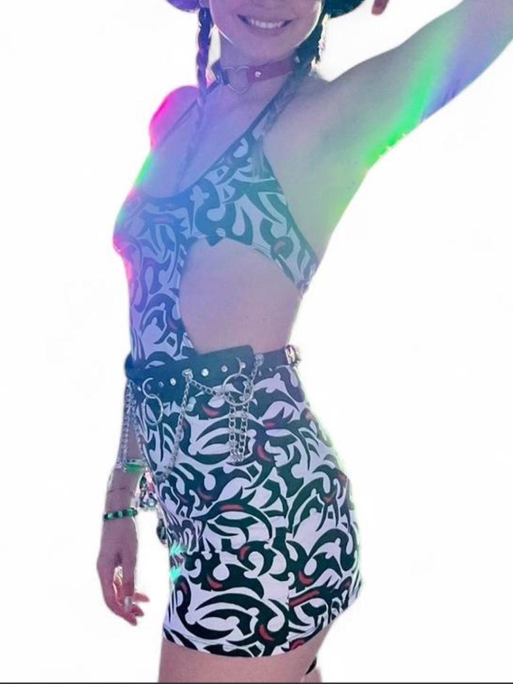 Black & White/Red Cutout Rave Bodycon Dress